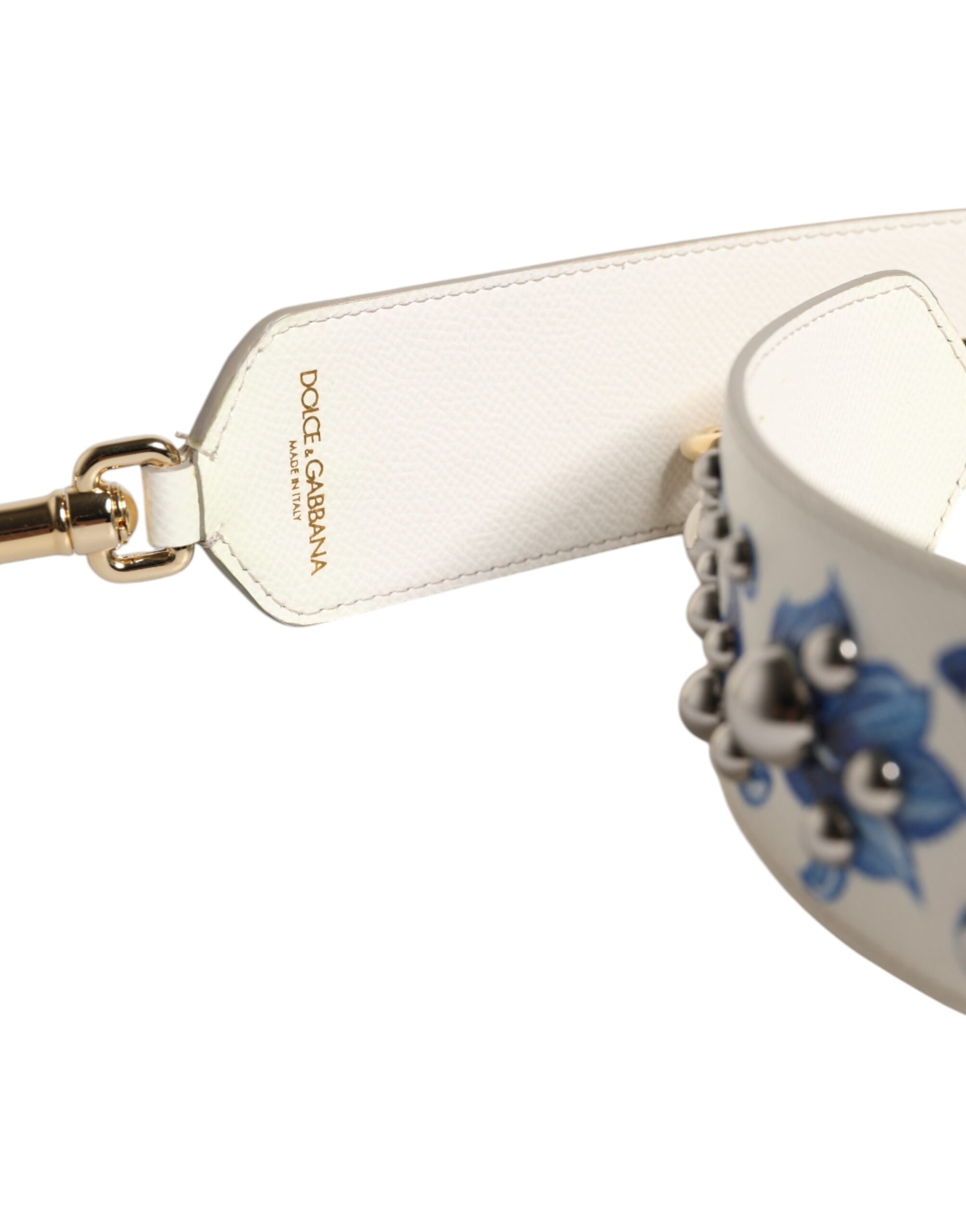 White Blue Floral Leather Stud Shoulder Strap Calf Bag