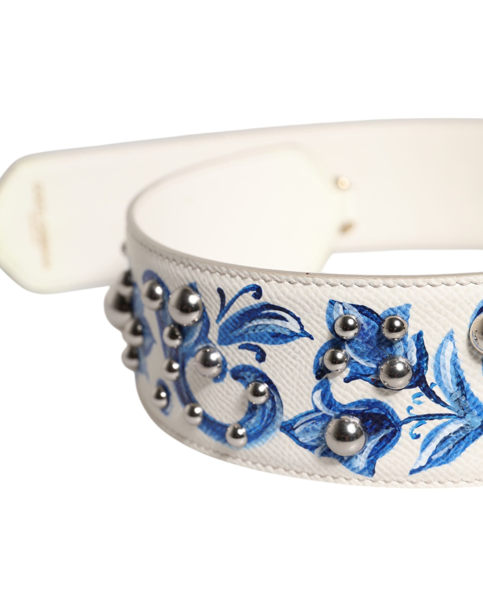 White Blue Floral Leather Stud Shoulder Strap Calf Bag