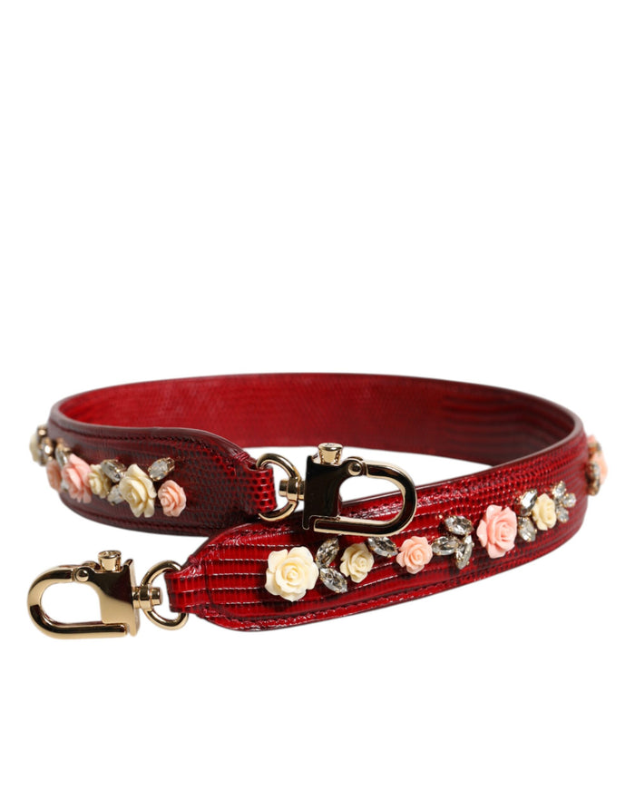 Red Leather Floral Embellish Bag Shoulder Strap Calf