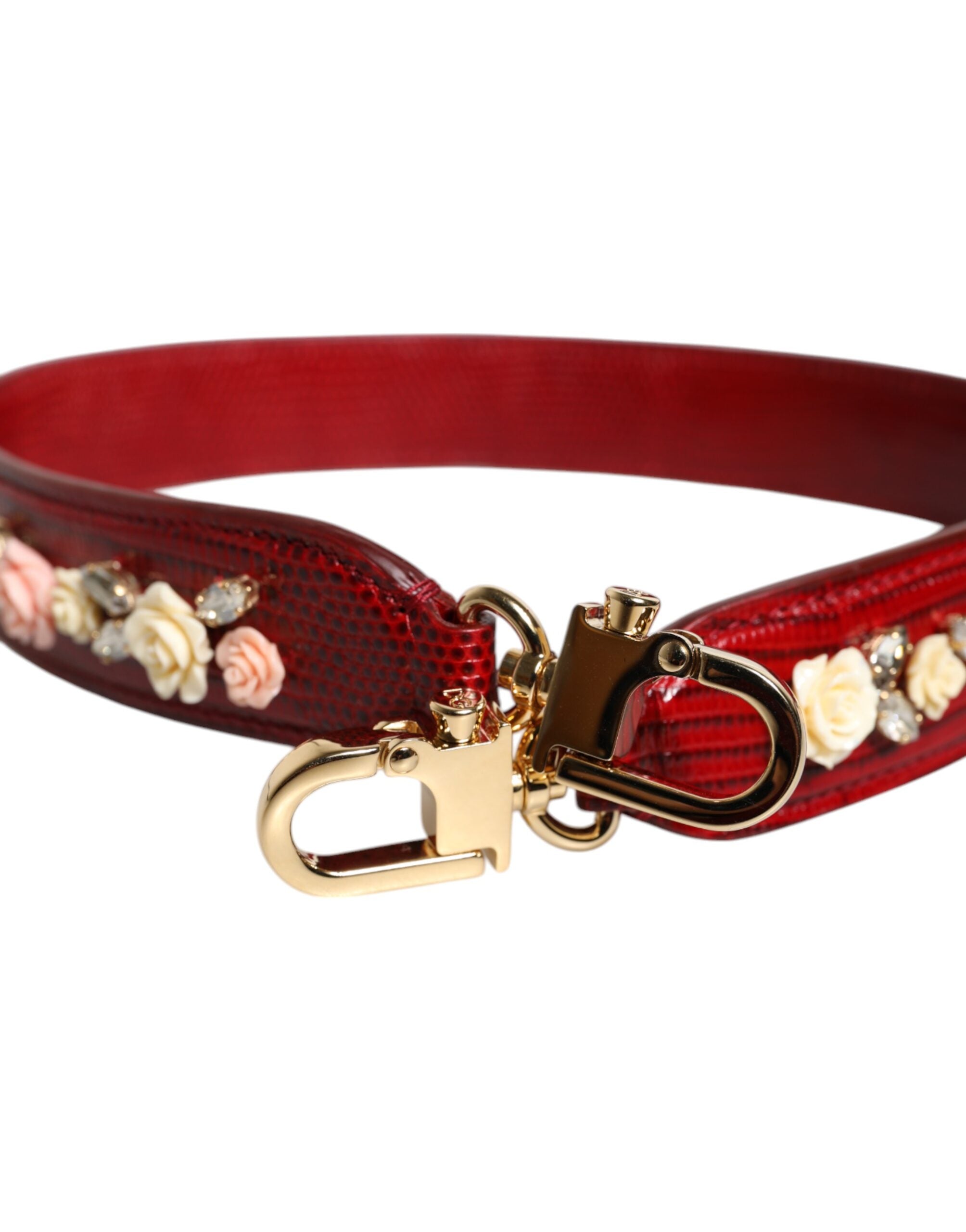 Red Leather Floral Embellish Bag Shoulder Strap Calf