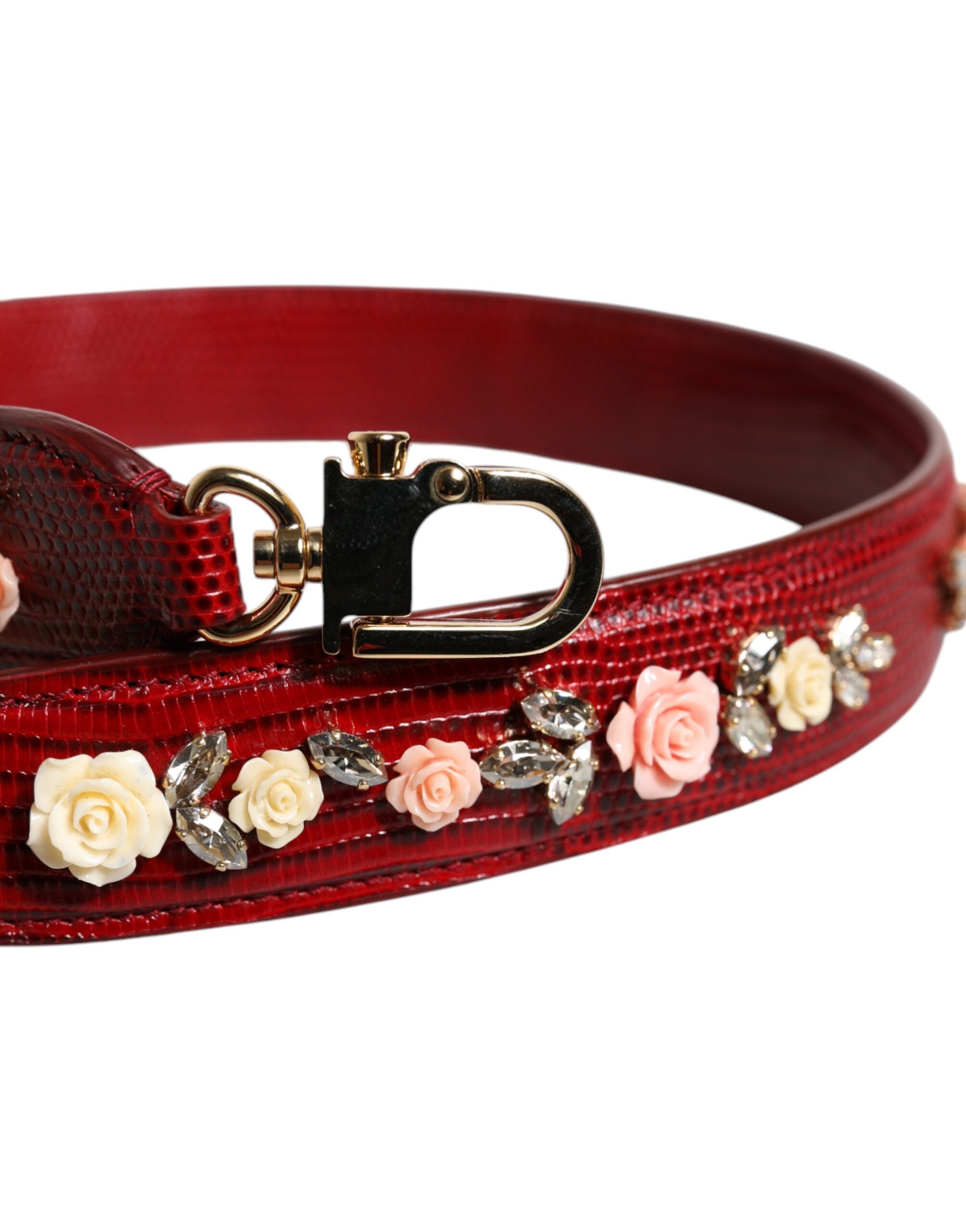 Red Leather Floral Embellish Bag Shoulder Strap Calf