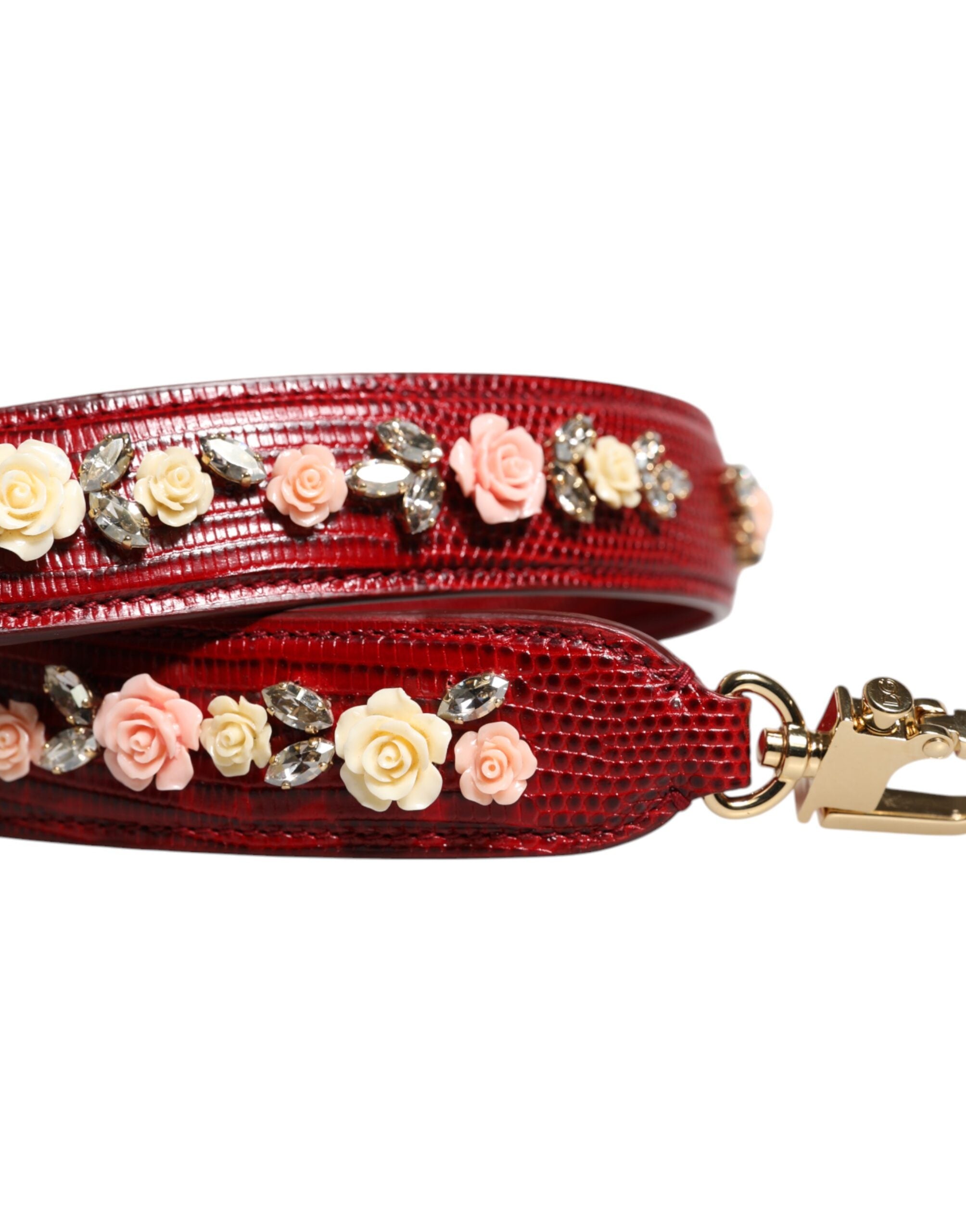 Red Leather Floral Embellish Bag Shoulder Strap Calf