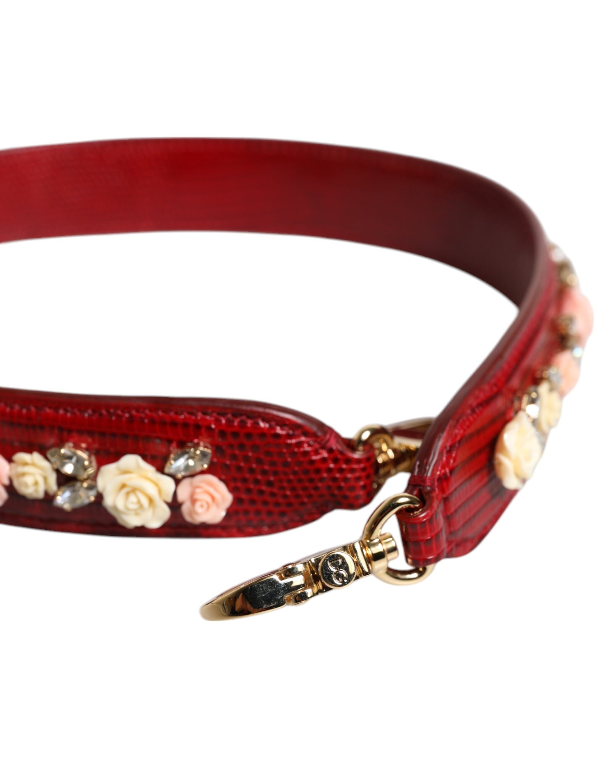 Red Leather Floral Embellish Bag Shoulder Strap Calf