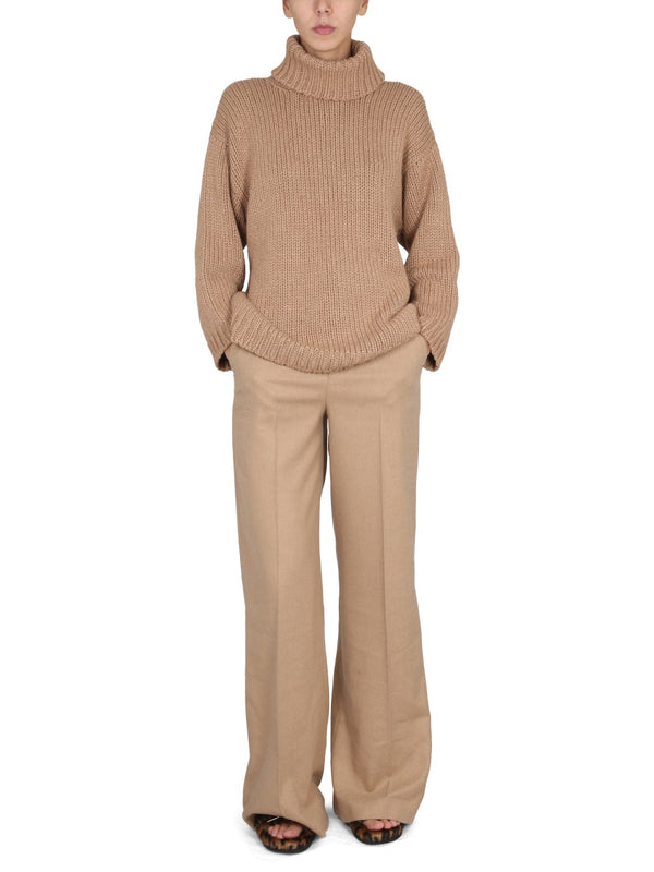 Flared Pants Beige Polyester Trousers