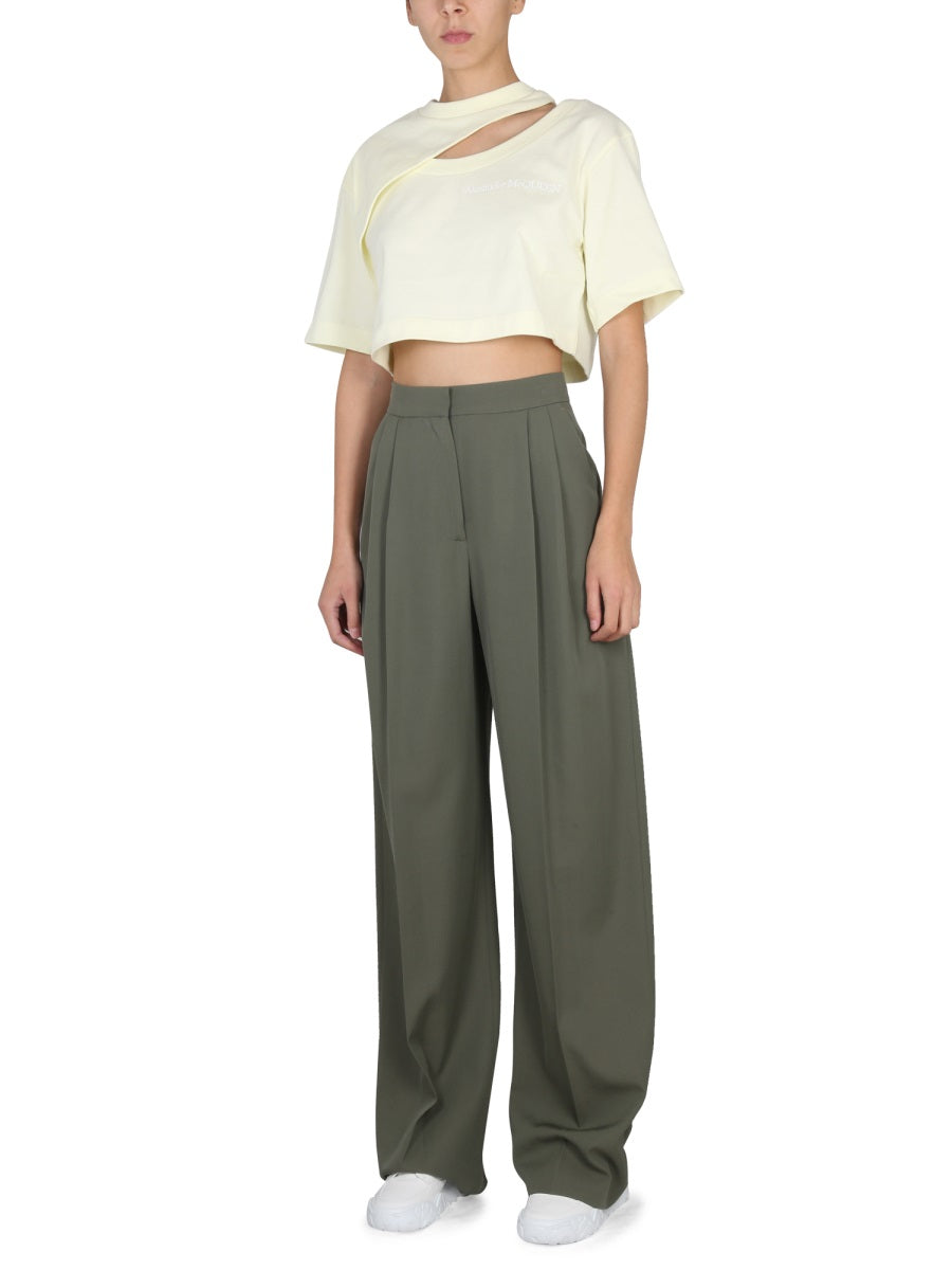 Wide Leg Pants Green Wool Trousers