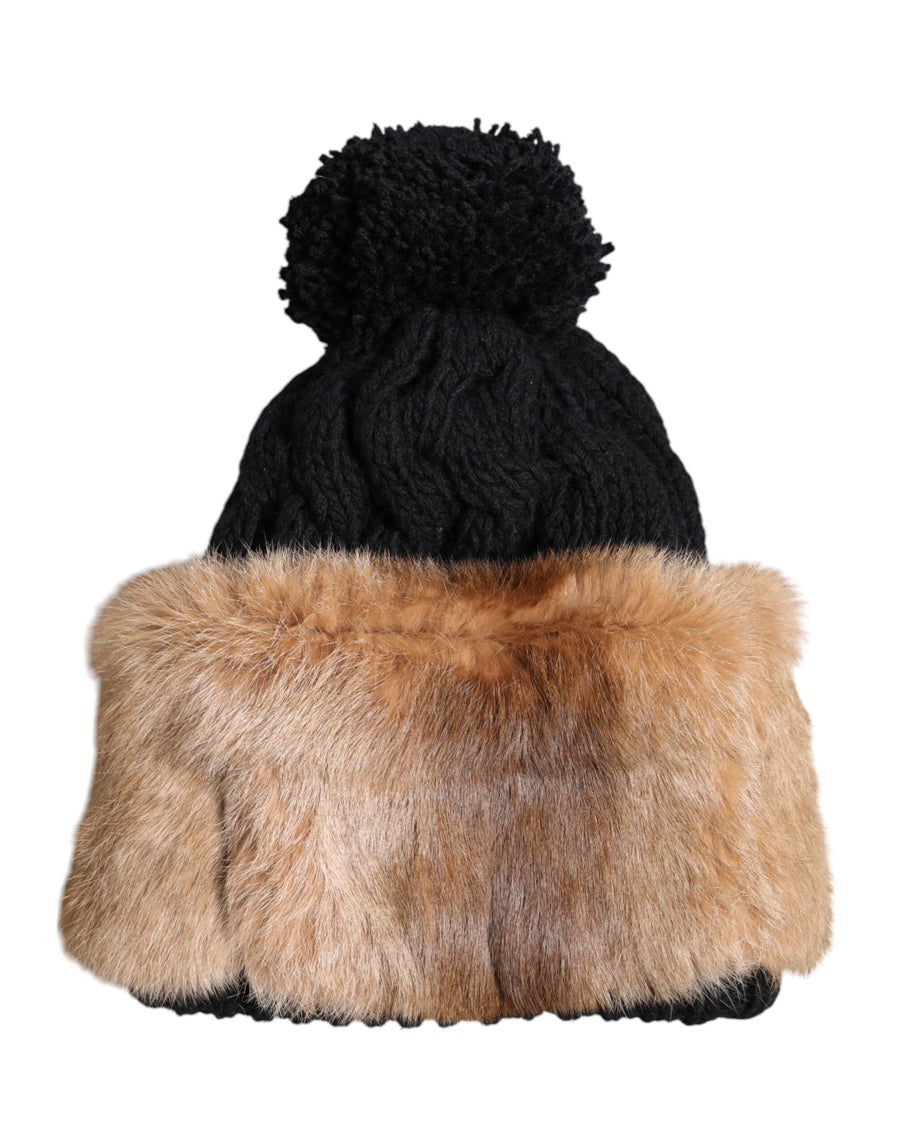 Dolce & Gabbana HAT9704 100% Virgin Wool; Rabbit Fur trim winter hat in black