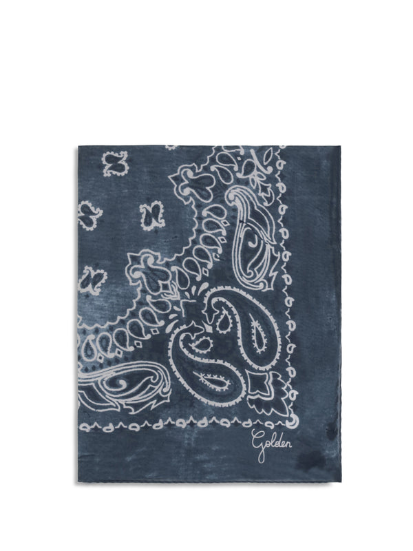 Golden Paisley Printed Silk Scarf Denim Blue