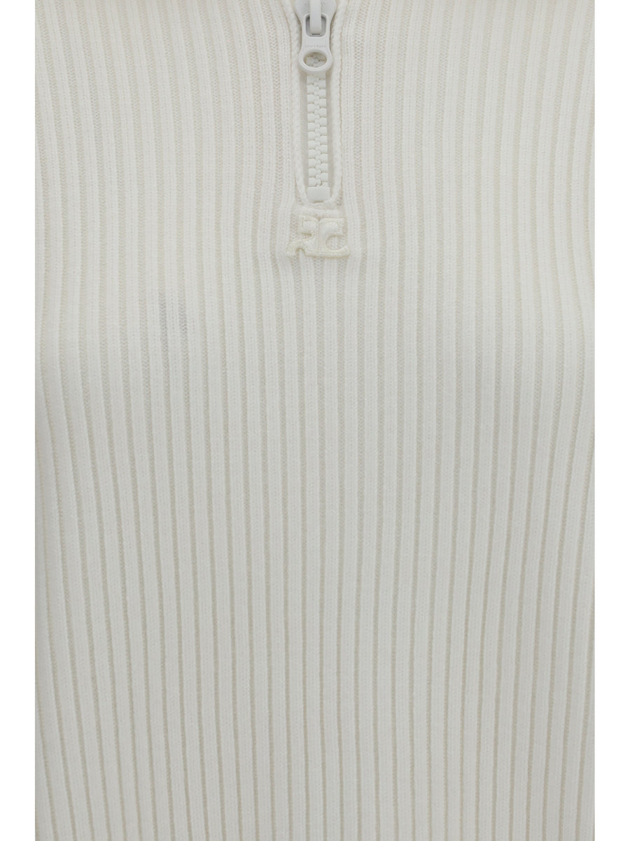 Sweater Ribbed Zip Heritage White Merino Wool