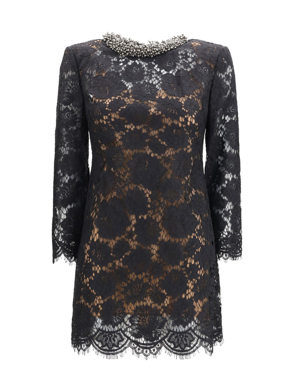 Lace Long Sleeve Mini Dress Black Polyamide; Cotton; Viscose