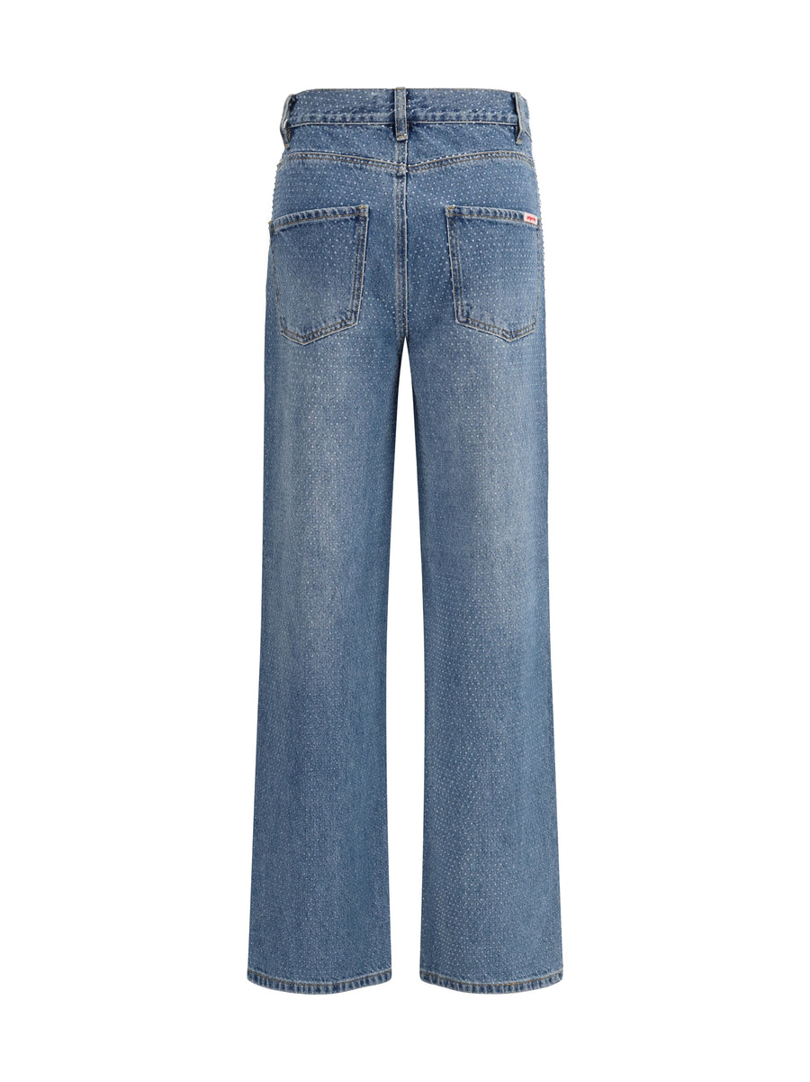 Straight-Leg Rhinestone Jeans Blue Cotton