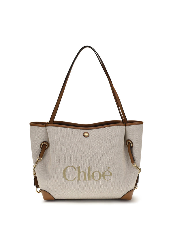 Chloé 100% cotton canvas with calfskin details tote bag in brown