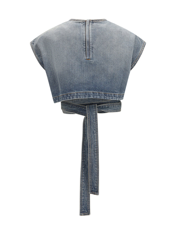 Top Denim Belt Faded Blue Cotton Tops