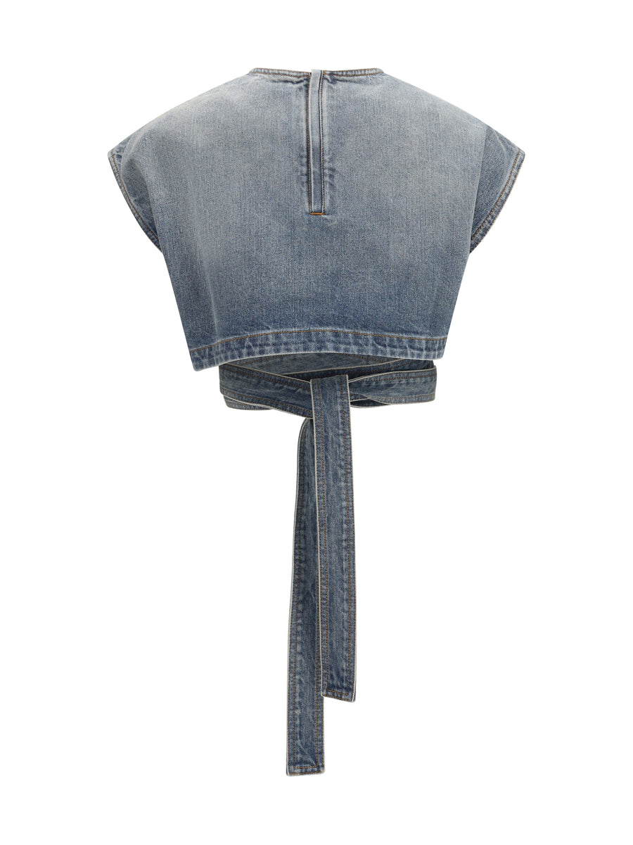 Top Denim Belt Faded Blue Cotton Tops