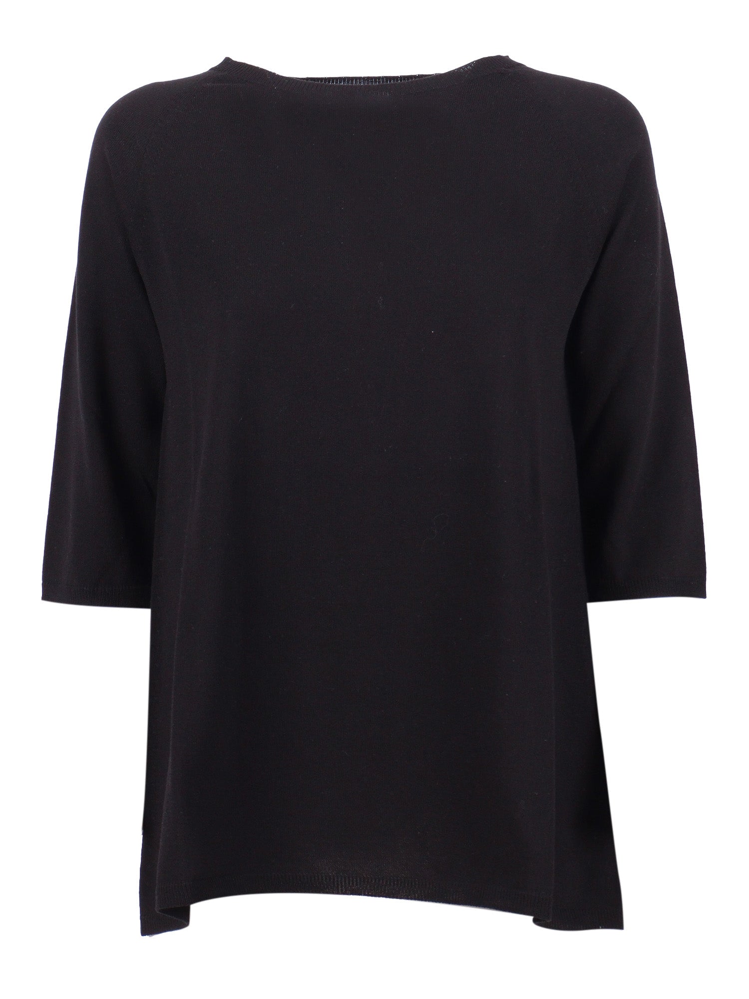 Seamless Plain-Knit Crew Neck With An A-Line Silhouette Black Cotton Crewneck