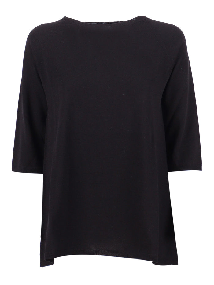 Seamless Plain-Knit Crew Neck With An A-Line Silhouette Black Cotton Crewneck