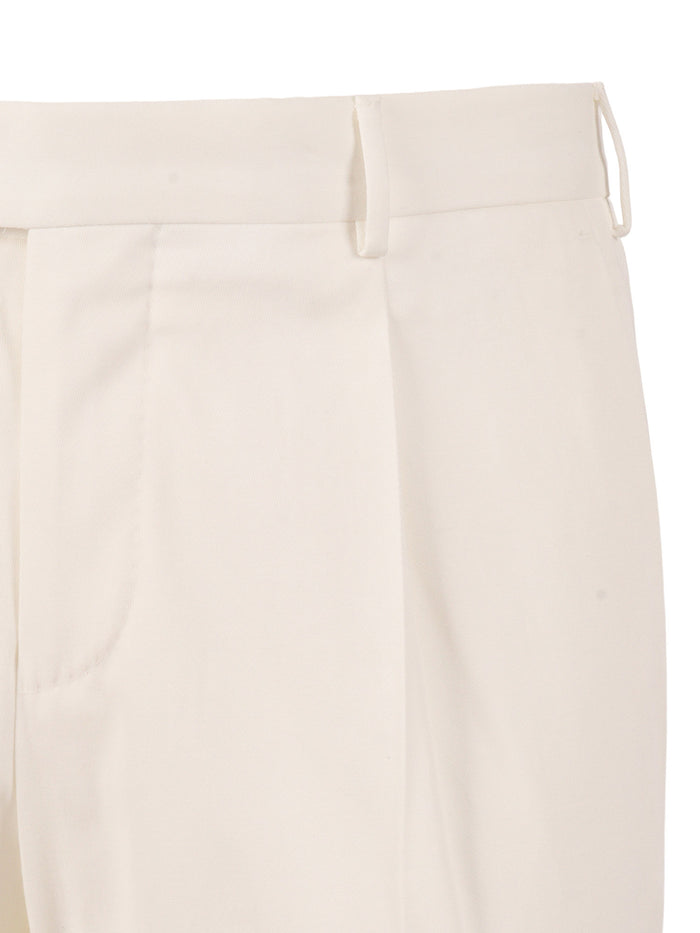Master, 1 Pleat, Diagonal Pockets, Flap Back Turn-Up White Cotton Silk Elastane Pant