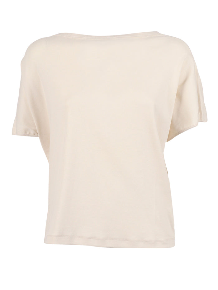 Ribbed Jersey T-Shirt With Knit Detail On Shoulder White Cotton Elastane