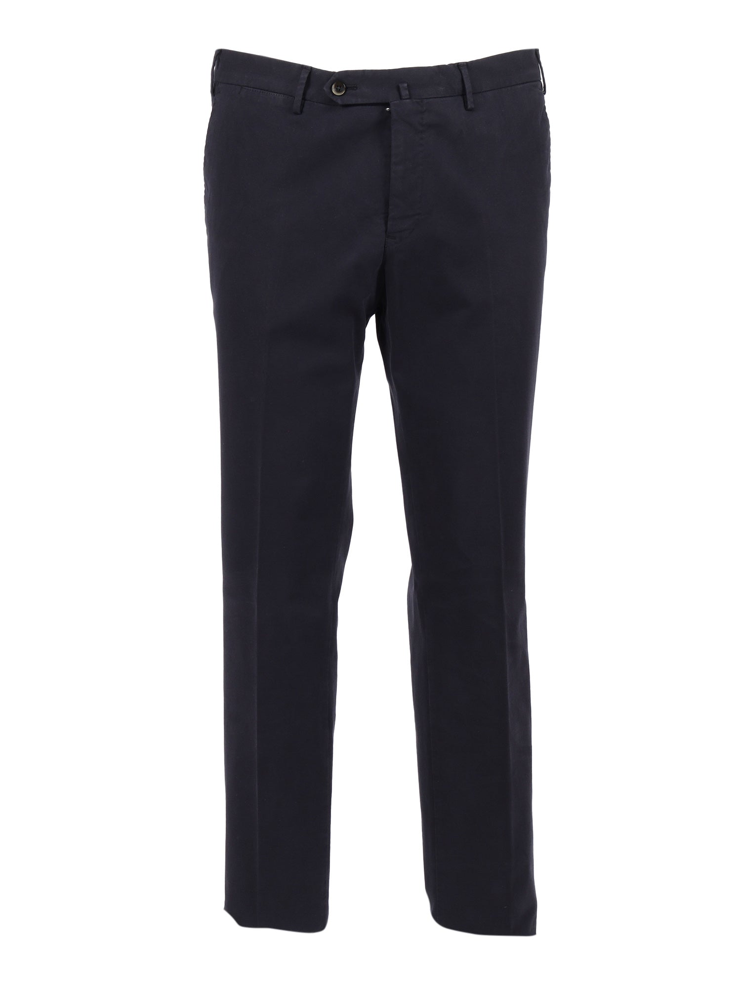 Slim, Flat Front, Diagonal Pockets, Unfinished Blue Cotton Elastane Pant