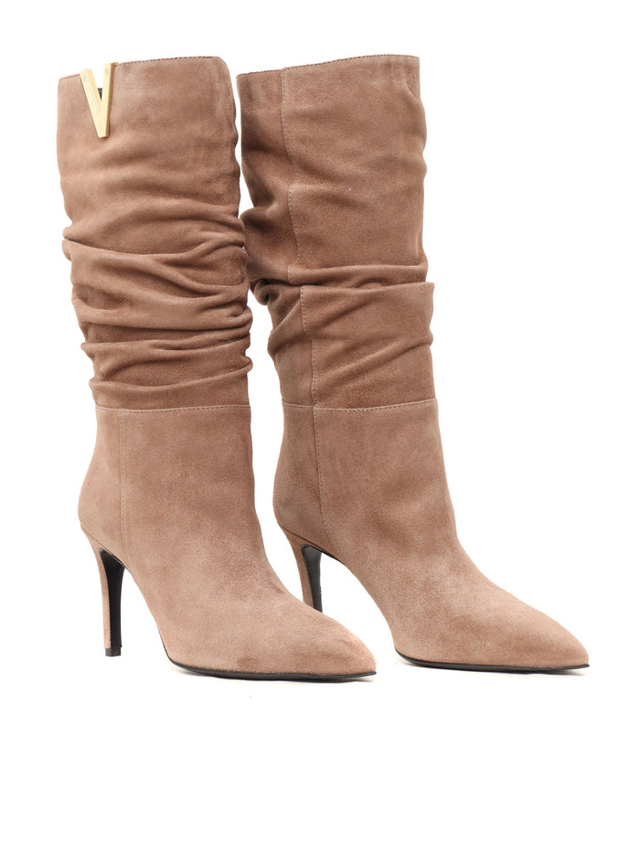 GOLDEN V + STILETTO HEEL BOOTS Beige Leather Sole Rubber