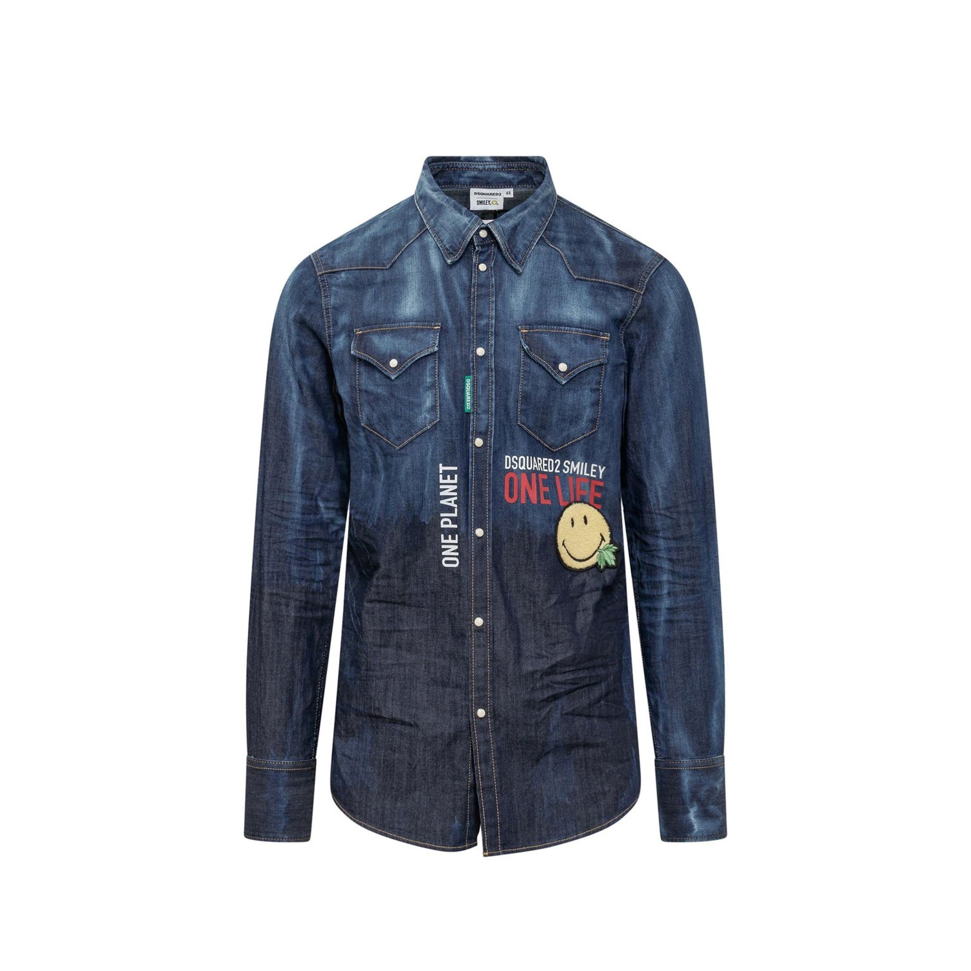 X Smiley Denim Shirt Blue Cotton Elastane