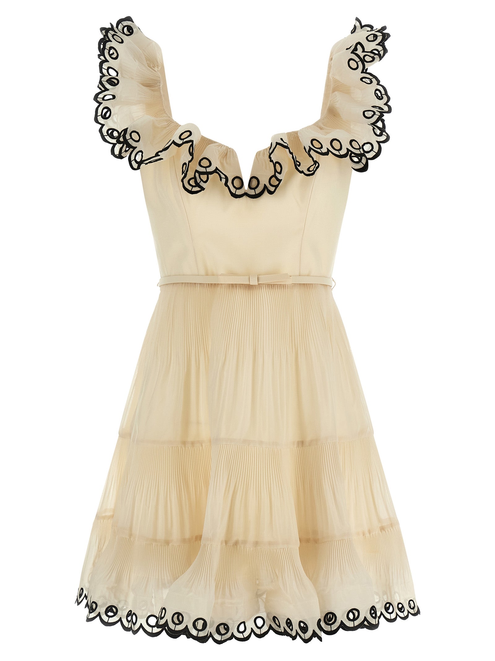 Embroidered Frilled Mini dress Beige Polyester