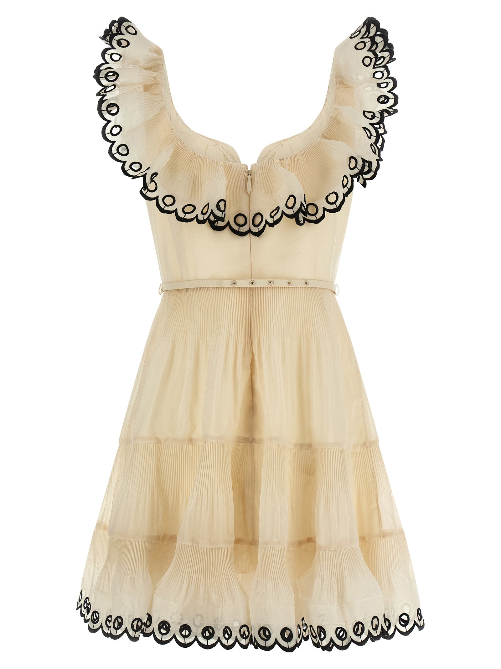 Embroidered Frilled Mini dress Beige Polyester