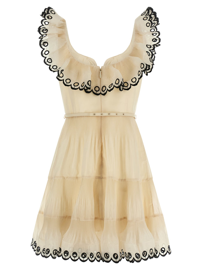Embroidered Frilled Mini dress Beige Polyester