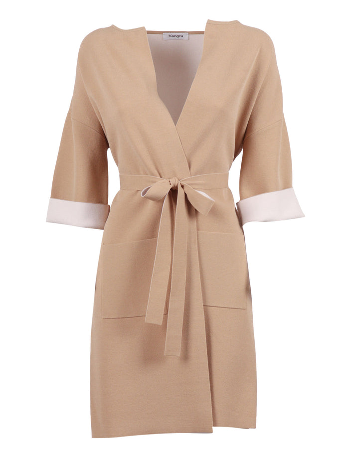 Two-Tone Duster Coat With Belt Beige Viscose Polyester