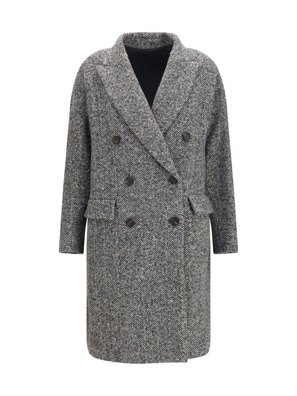 Double-Breasted Wool And Alpaca Blend Coat With Sequins Panama/nero