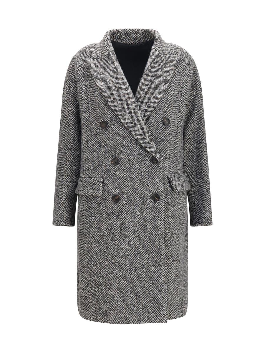 Double-Breasted Wool And Alpaca Blend Coat With Sequins Panama/nero