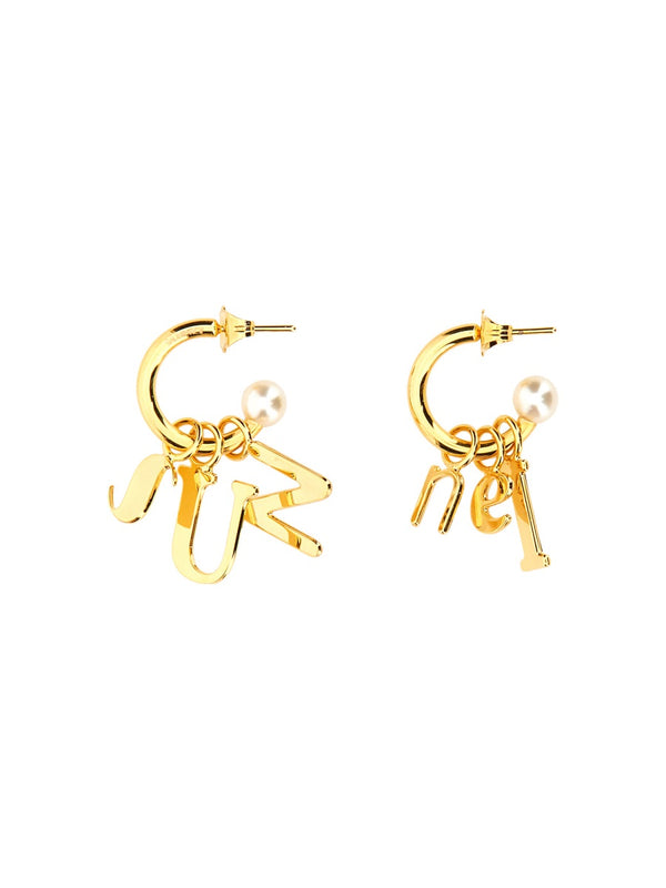 Lettering Logo Dangle Earrings Gold Brass