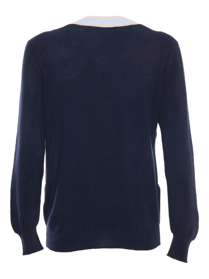Blue colored checked sweater Cotton V Neck