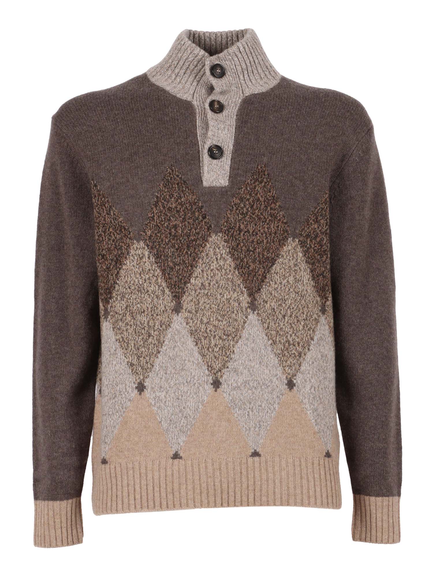 T Neck Pullover Button Brown Wool Turtleneck