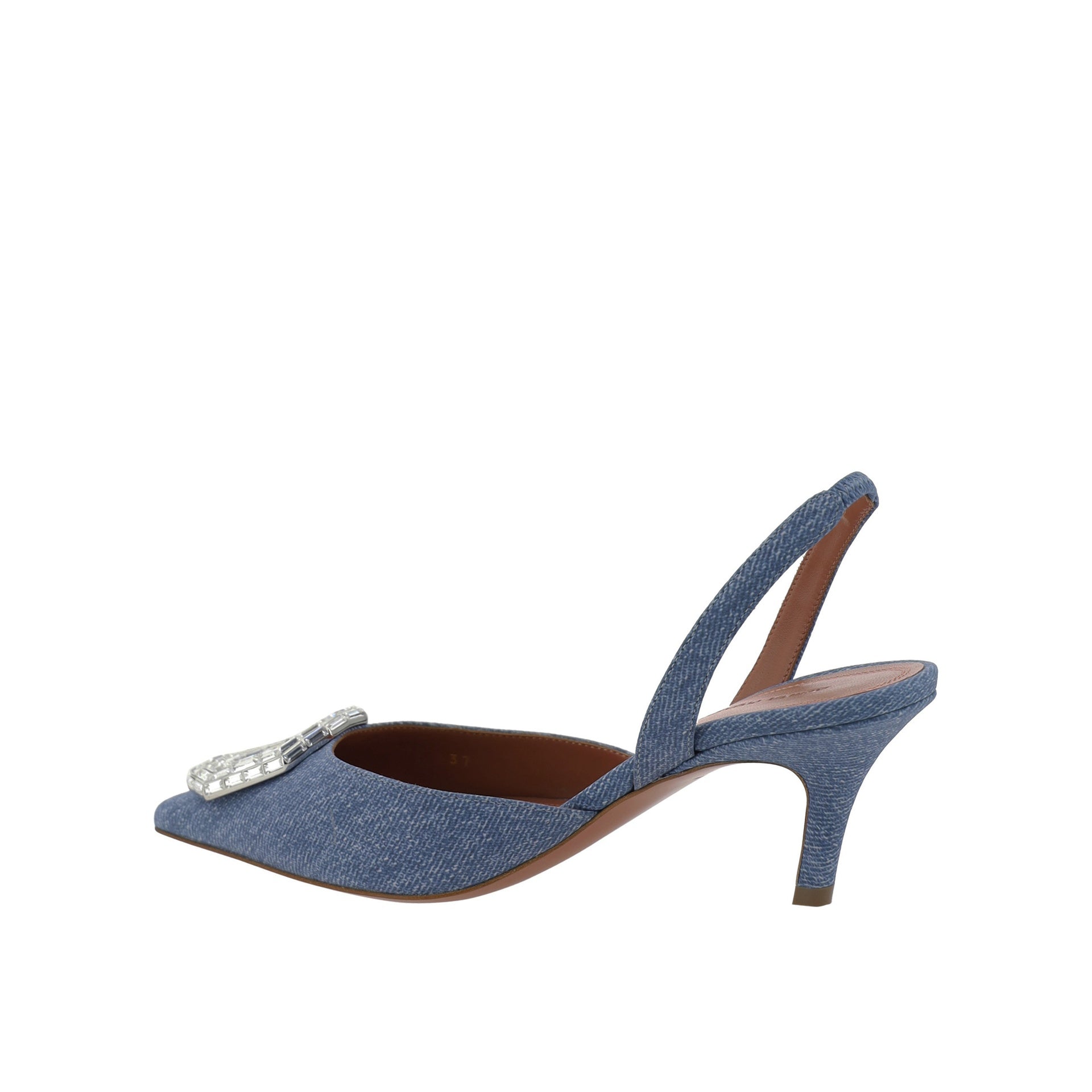 Amina Muaddi Camelia Sling 60 Printed Denim Pumps Blue Nabuk