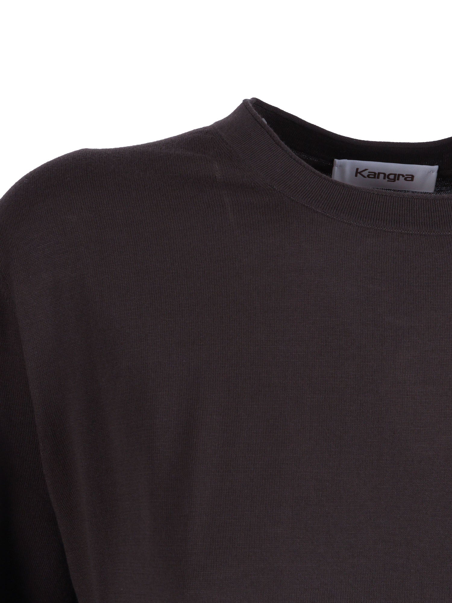 Short-Sleeved Fully-Fashioned Crew Neck Sweater Brown Cotton Crewneck