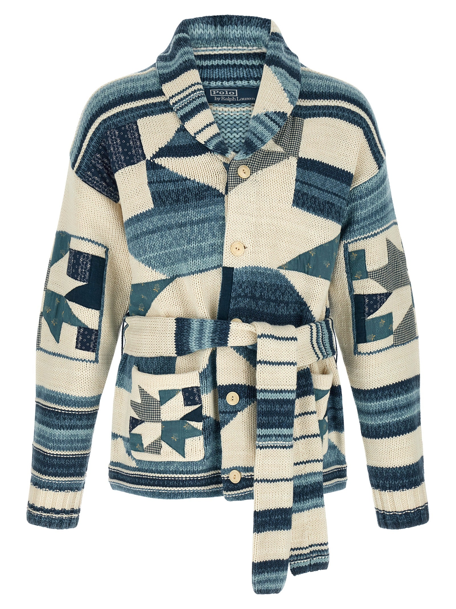 Patchwork Cardigan Blue Cotton Sweater, Cardigans