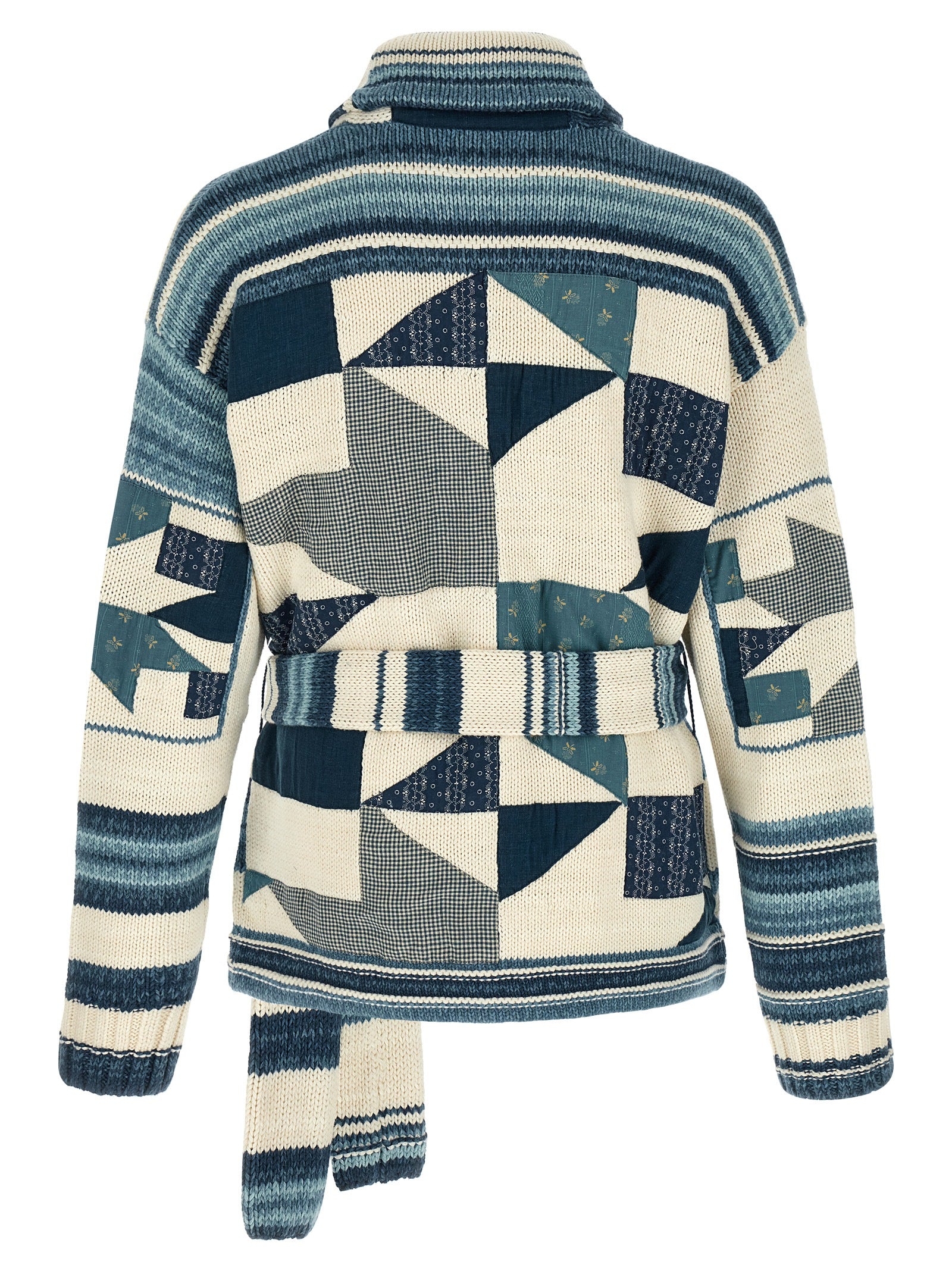 Patchwork Cardigan Blue Cotton Sweater, Cardigans