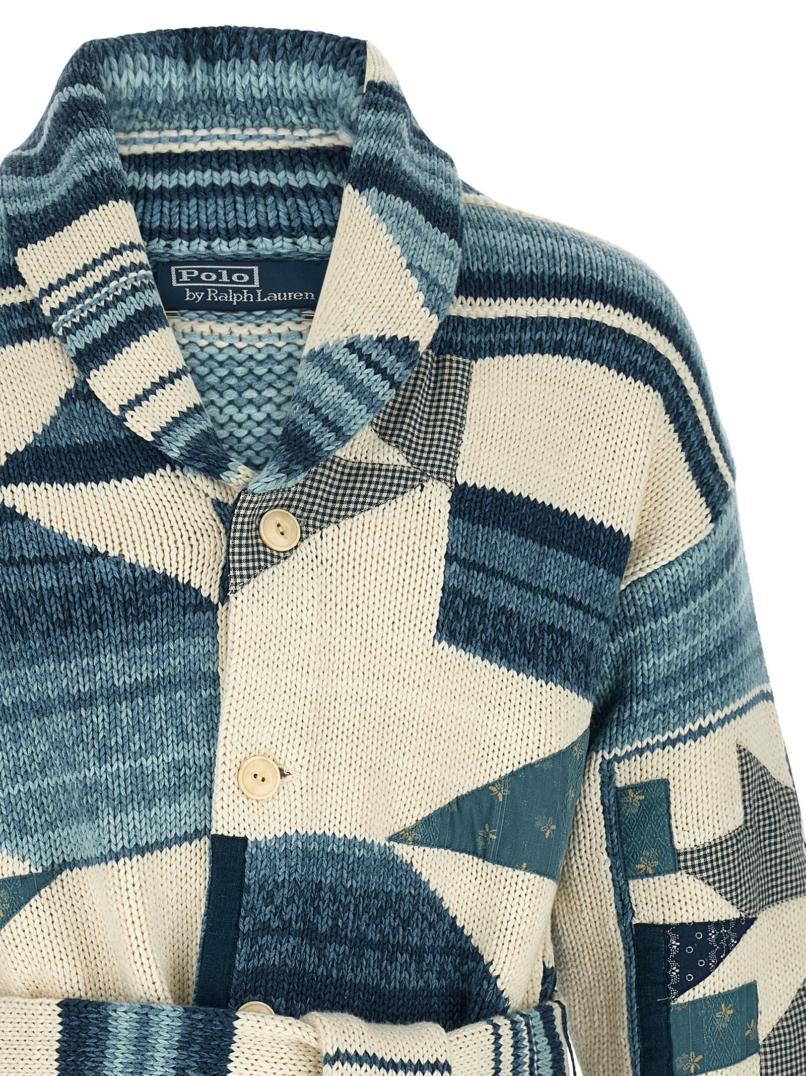 Patchwork Cardigan Blue Cotton Sweater, Cardigans