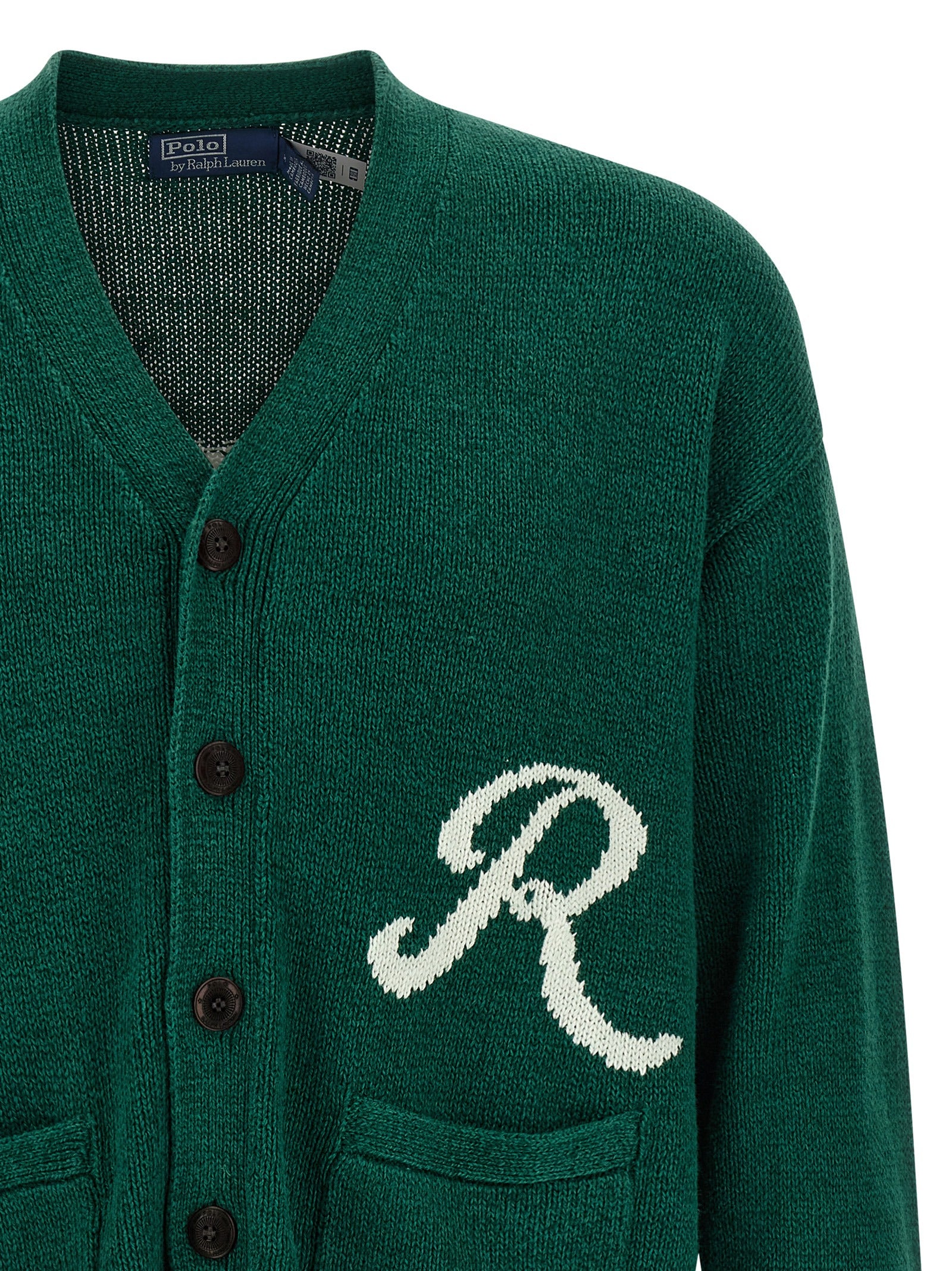 Intarsia logo cardigan Green Linen Sweater, Cardigans