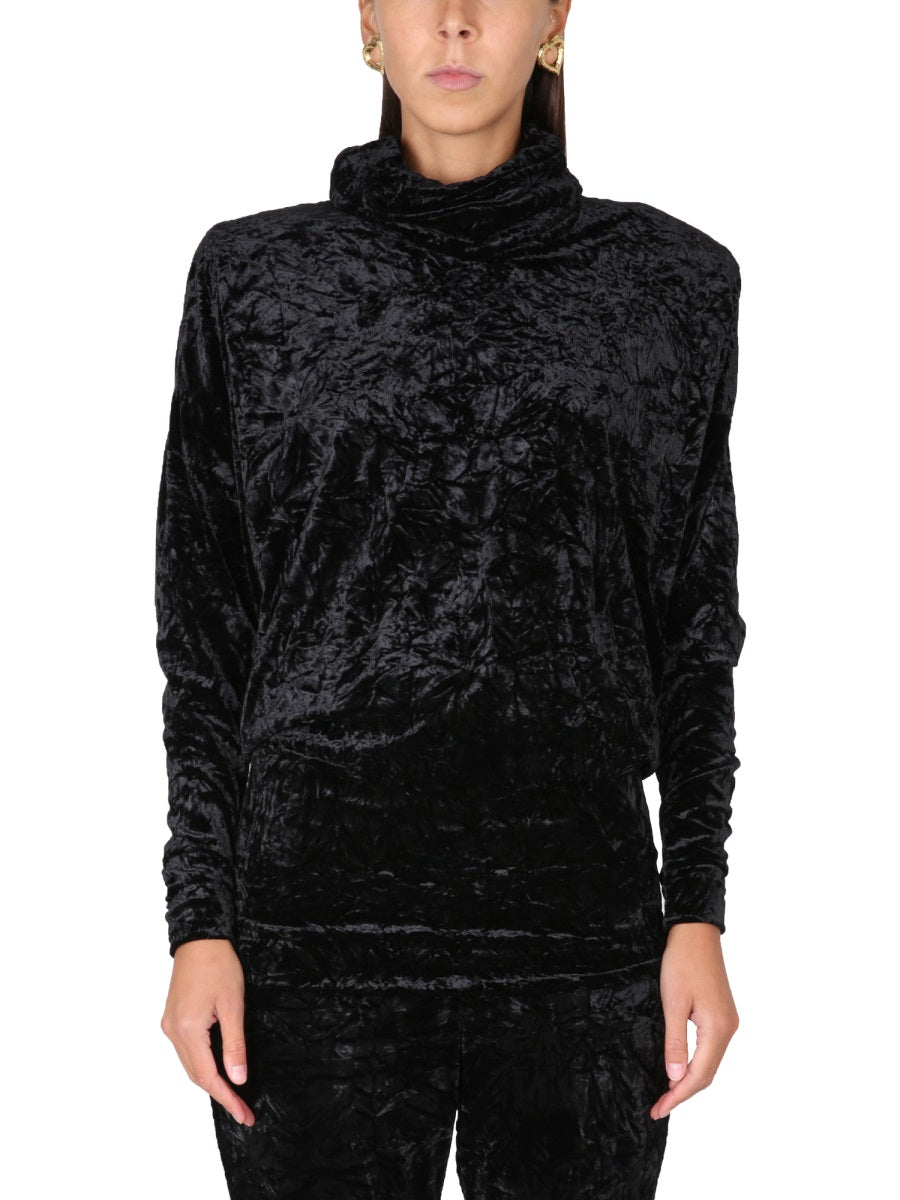 Velvet Turtleneck Top Black Polyester Tops