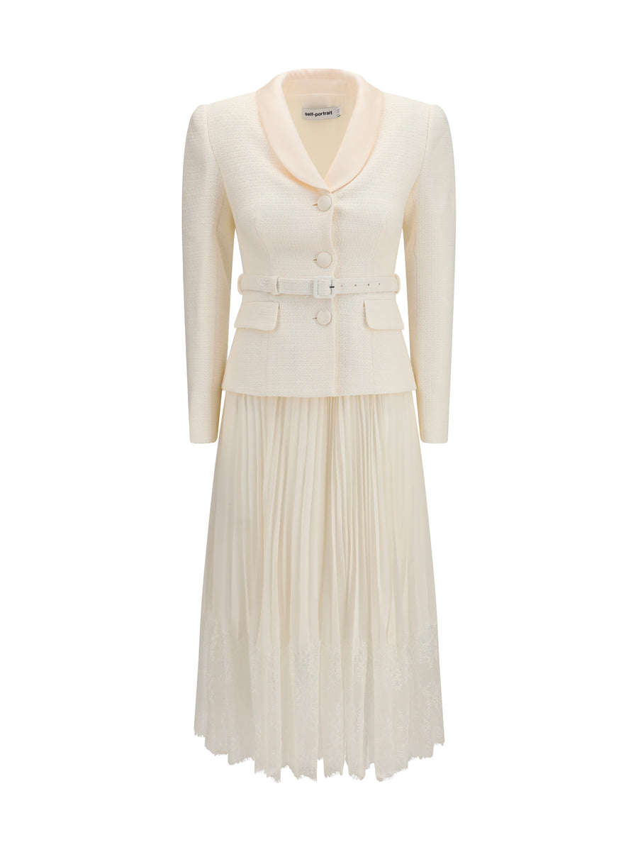 Bouclé Midi Dress With Shawl Collar Cream Polyester