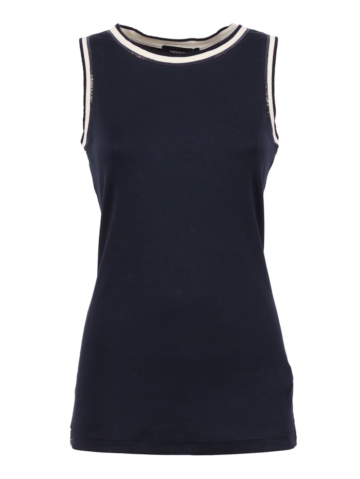 Ribbed Tank Top With Contrast Knit Trim Blue Cotton Elastane T-shirt