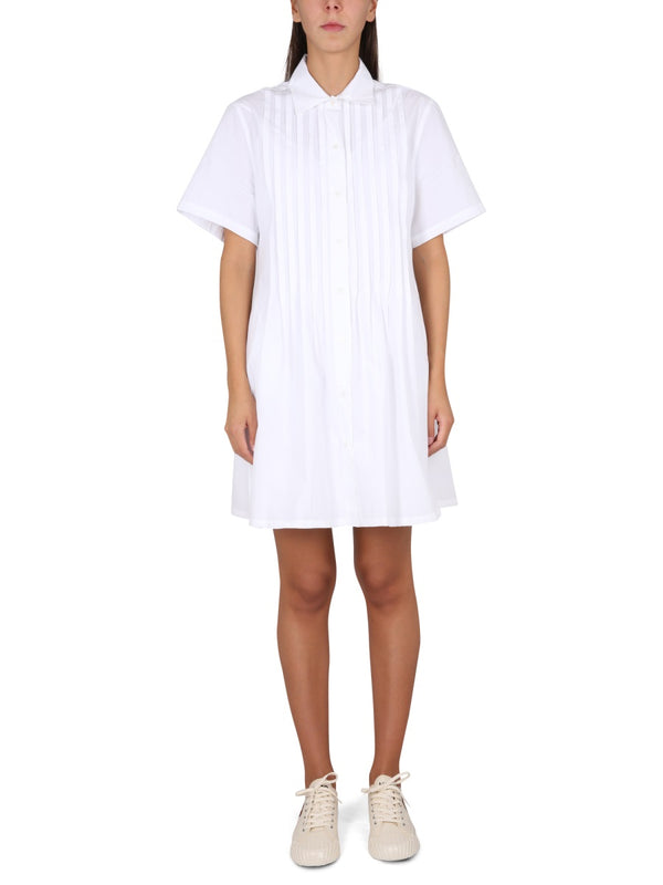Pleated Chemise Dress White Cotton