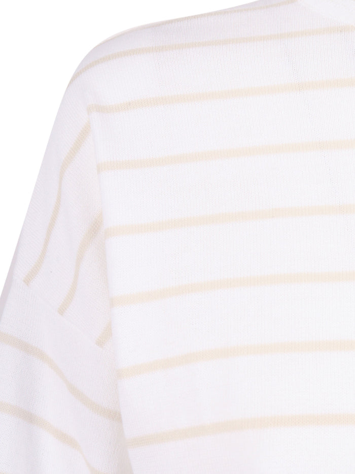 Two-Tone Striped Boat Neck Sweater With Elbow-Length Sleeves White Cotton Crewneck
