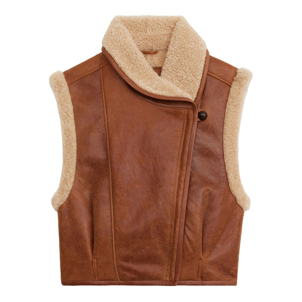 Sleeveless Shawl-Lapel Vest With Fur Trim Brown Jacket