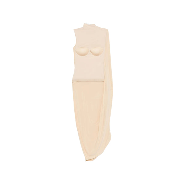 Draped High Neck Dress Light Beige Neutrals Cotton 60. Cocktail & Party