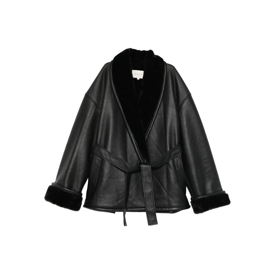 Black Belted Shawl Lapel Outerwear Calf Leather: 100. Jacket