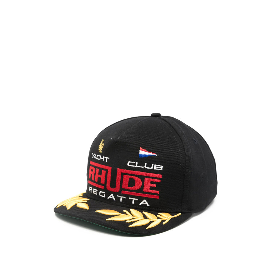 Black Embroidered Flat Peak Hat Cotton: 100