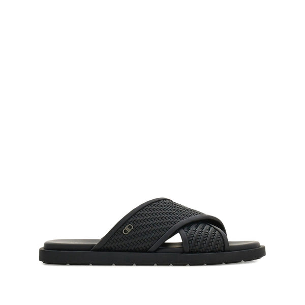 Black Woven Leather Cross-Strap Sandals Calfskin: 100
