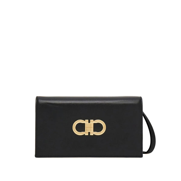 Mini Bag With Gancini Plaque, Black Calfskin